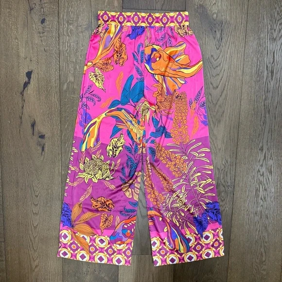 Rachel Zoe Wide-Leg Paisley Pull-On Silky Satin Flowy Pants - Picture 2 of 4